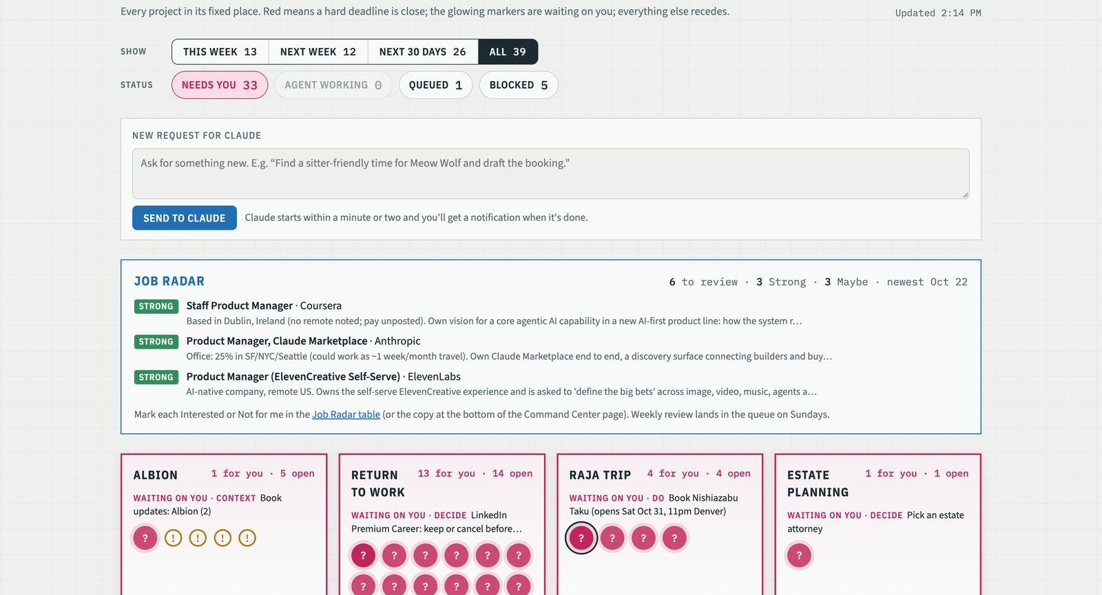 The Assistant Dashboard: filters for this week / next week / all, a status row, a box to send a new request to Claude, the Job Radar tile with three strong-fit roles, and a row of project tiles (Albion, Return to Work, Raja trip, Estate Planning) each showing what is waiting on me.